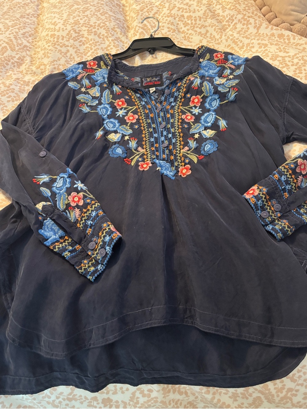 Johnny Was Navy Tunic with Blue and Red Embroidery